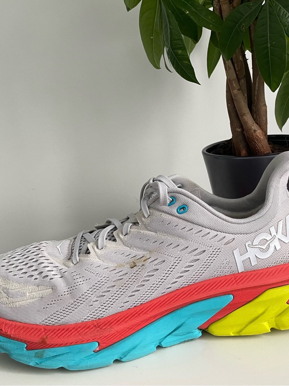 Men Size 12 Hoka One One Clifton Edge Lunar Rock Cyan Red Running Shoes